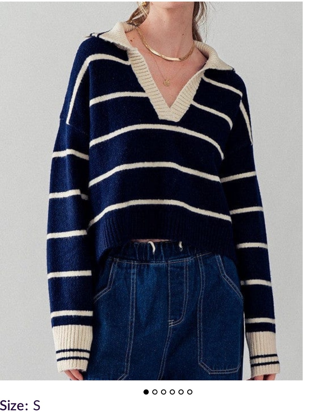 Creamon Fashion Week Striped V-Neck Knit Sweater - Navy & Cream Small
